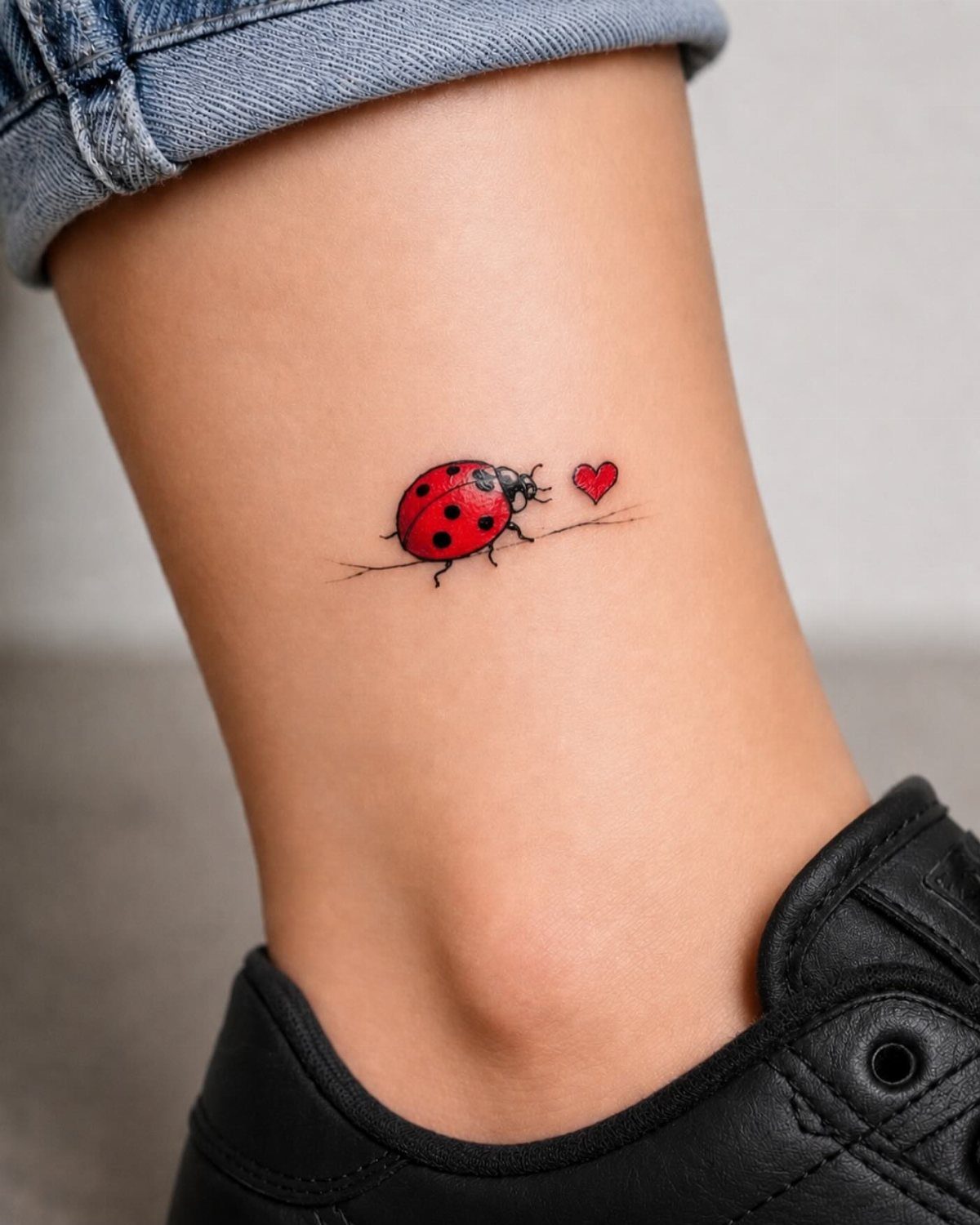 Ladybug tattoo with a small red heart on a person's ankle