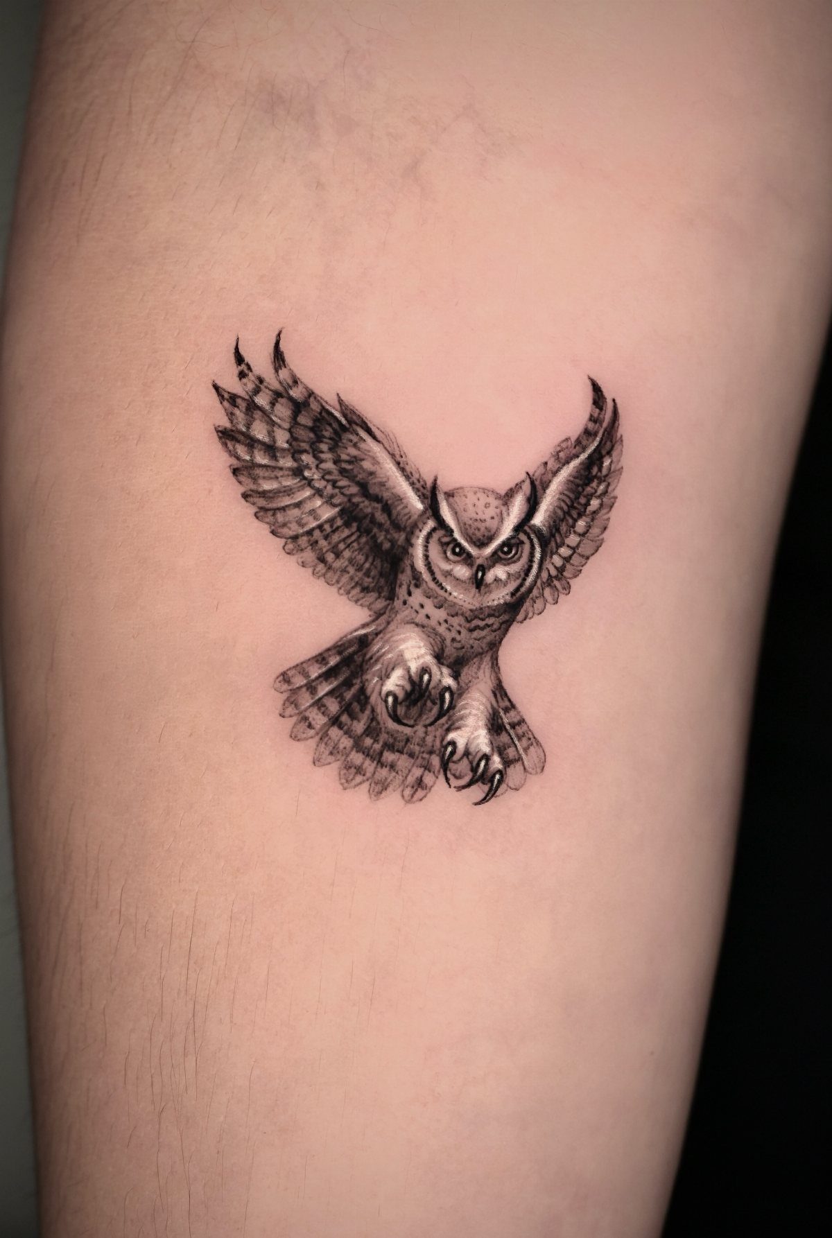 Detailed black and grey owl tattoo in flight on a person's arm.