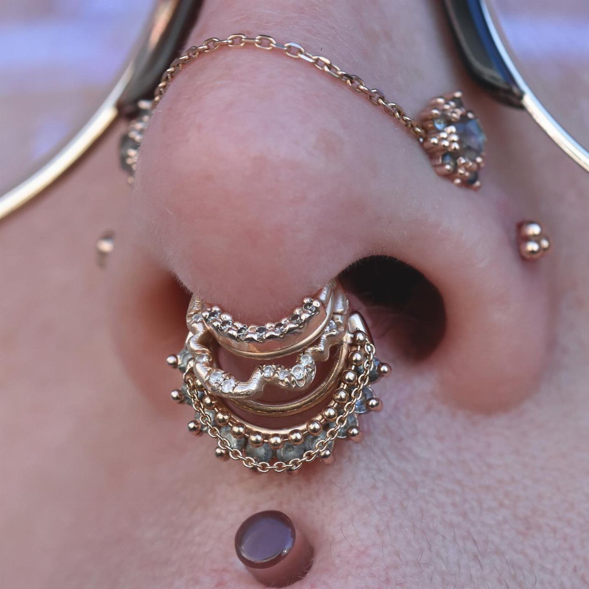 Nose with a gold chain connecting nostrils and stacked gold septum rings.