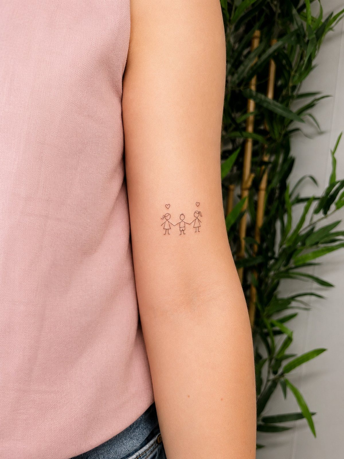 Small line-art tattoo of a boy and girl holding hands on an arm