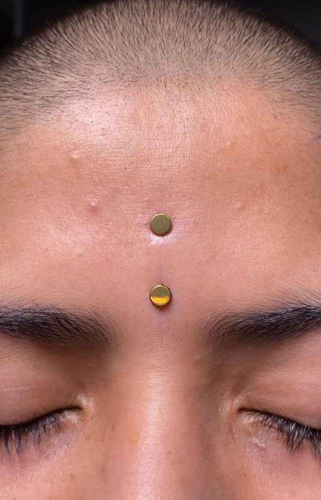 Vertical Bridge Piercing: 7 Jewelry Ideas and Styles 5 Vertical bridge piercing with two gold circular studs on the bridge of the nose.