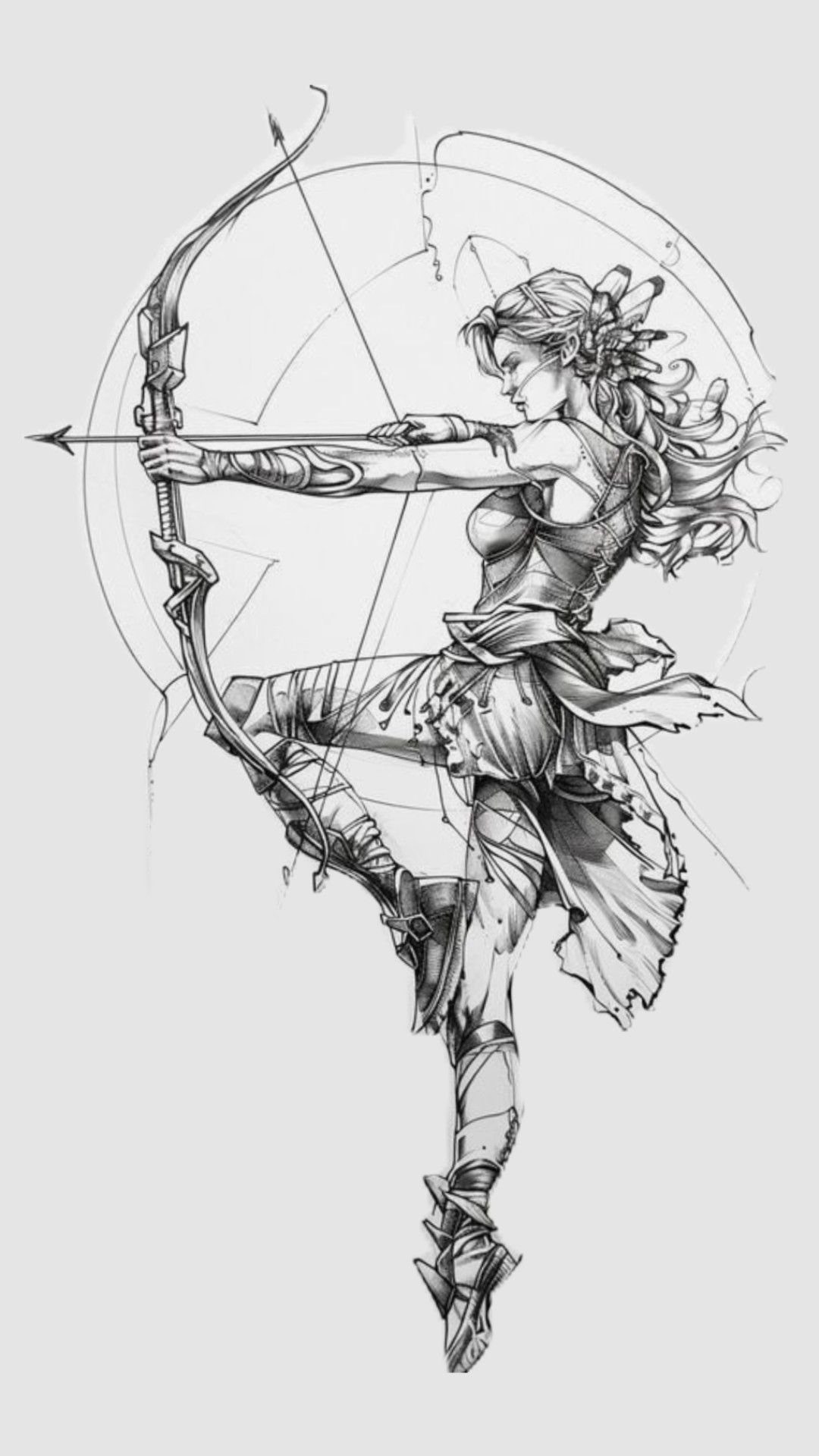 Female warrior with a bow and arrow in a black and white sketch.