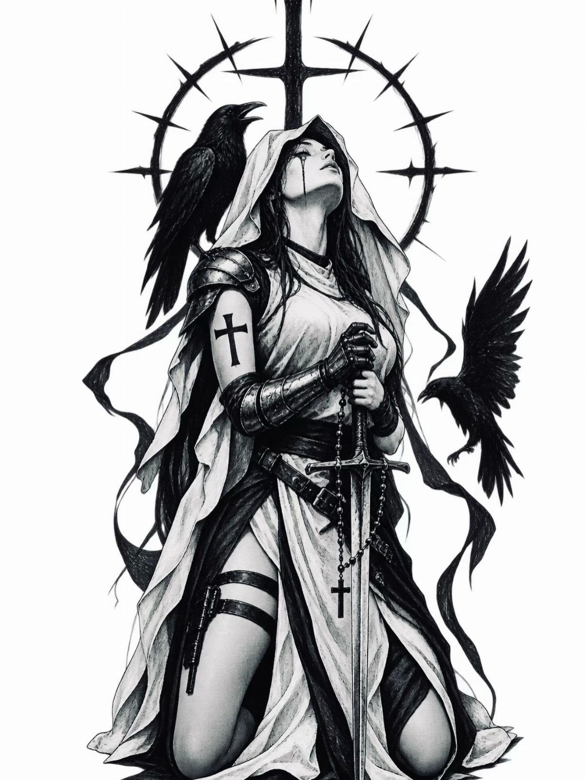 Woman in ornate armor and white gown holding a sword with two ravens.