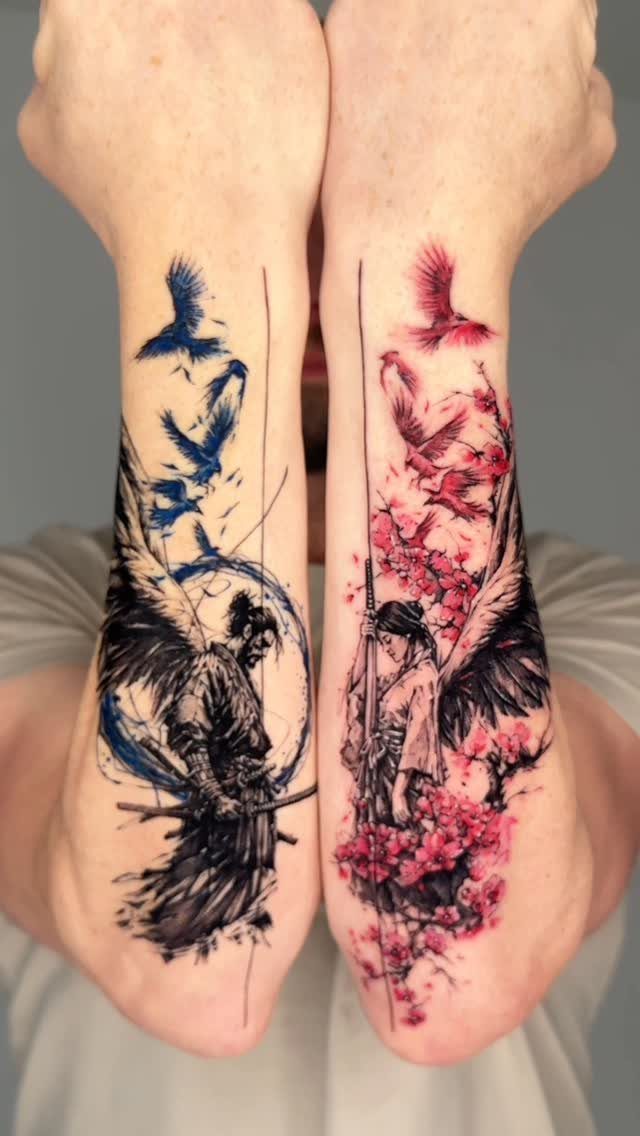 Samurai girl tattoos on forearms with blue birds and red cherry blossoms
