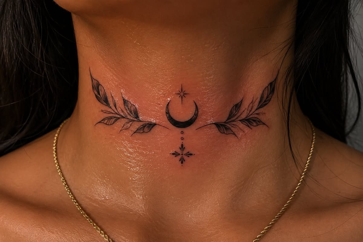 5 Witchy Neck Tattoos for Moon, Moth and Raven Lovers 1 Crescent moon and stars tattoo with botanical leaves on a person's neck.