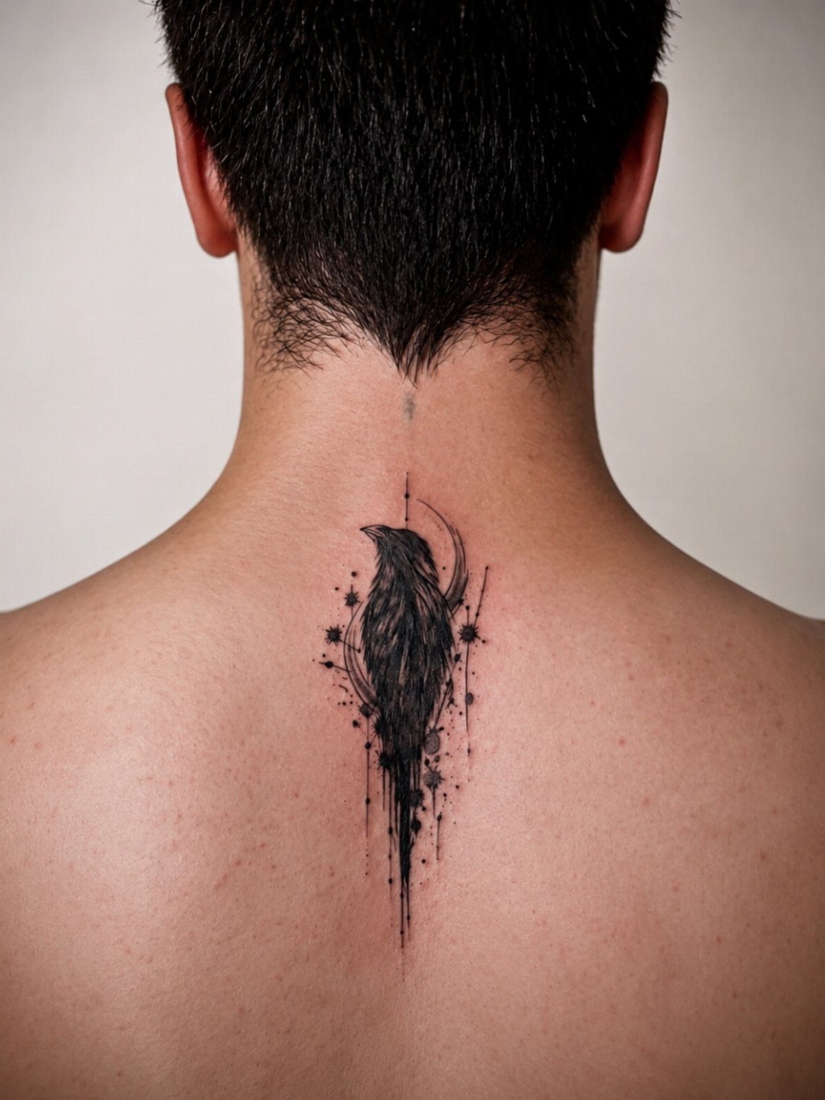 5 Witchy Neck Tattoos for Moon, Moth and Raven Lovers 5 Raven and crescent moon tattoo on the back of a person's neck.