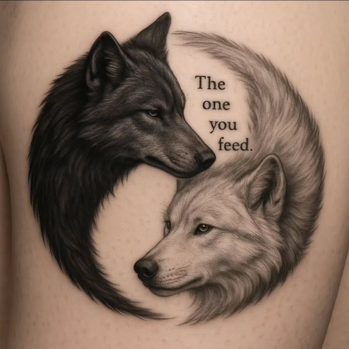 Yin yang tattoo of a black wolf and white wolf with a quote.